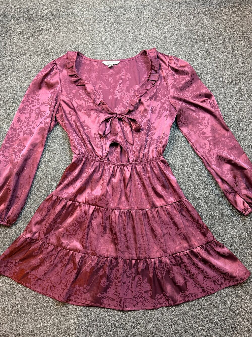 Burgundy Satin Floral Jacquard Tiered Mini Dress - Cutout & Tie Front - Size M